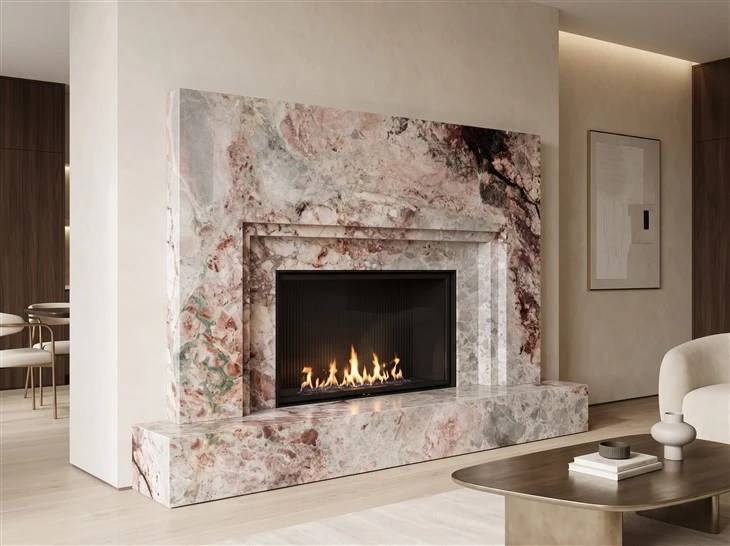 Four Season Pink Marble fireplace surround and projecting hearth with mitered edges in a luxury contemporary living room