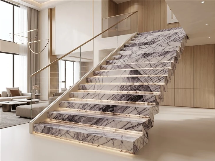 Lilac Marble stair treads and risers with integrated lighting in a luxury custom home