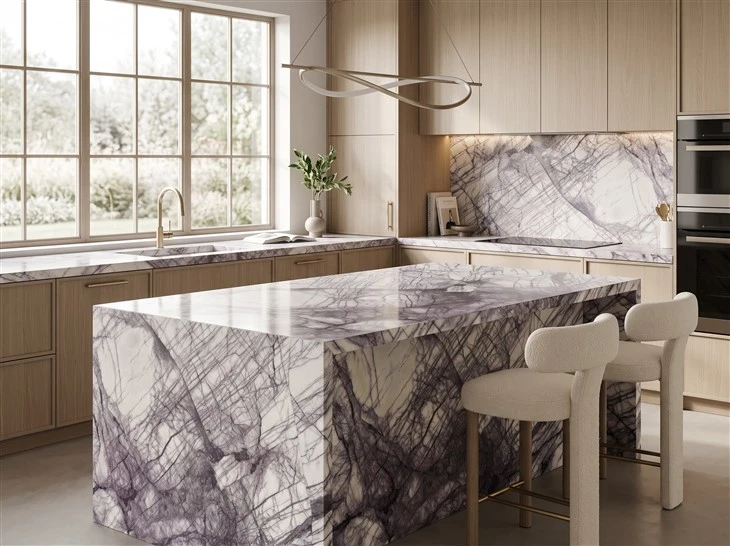 Lilac Marble kitchen island with waterfall ends, perimeter countertops and full-height backsplash